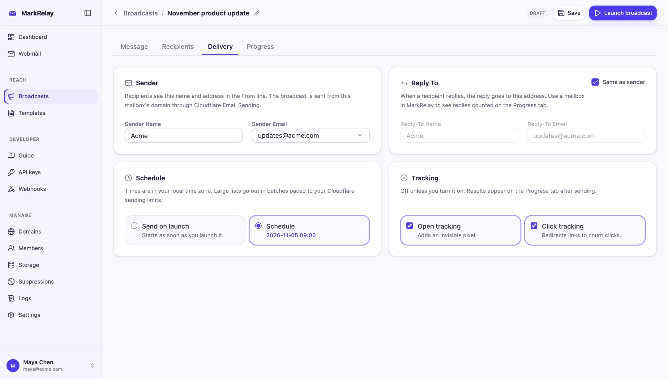 MarkRelay broadcast delivery settings: sender, reply-to, a scheduled send time, and open and click tracking