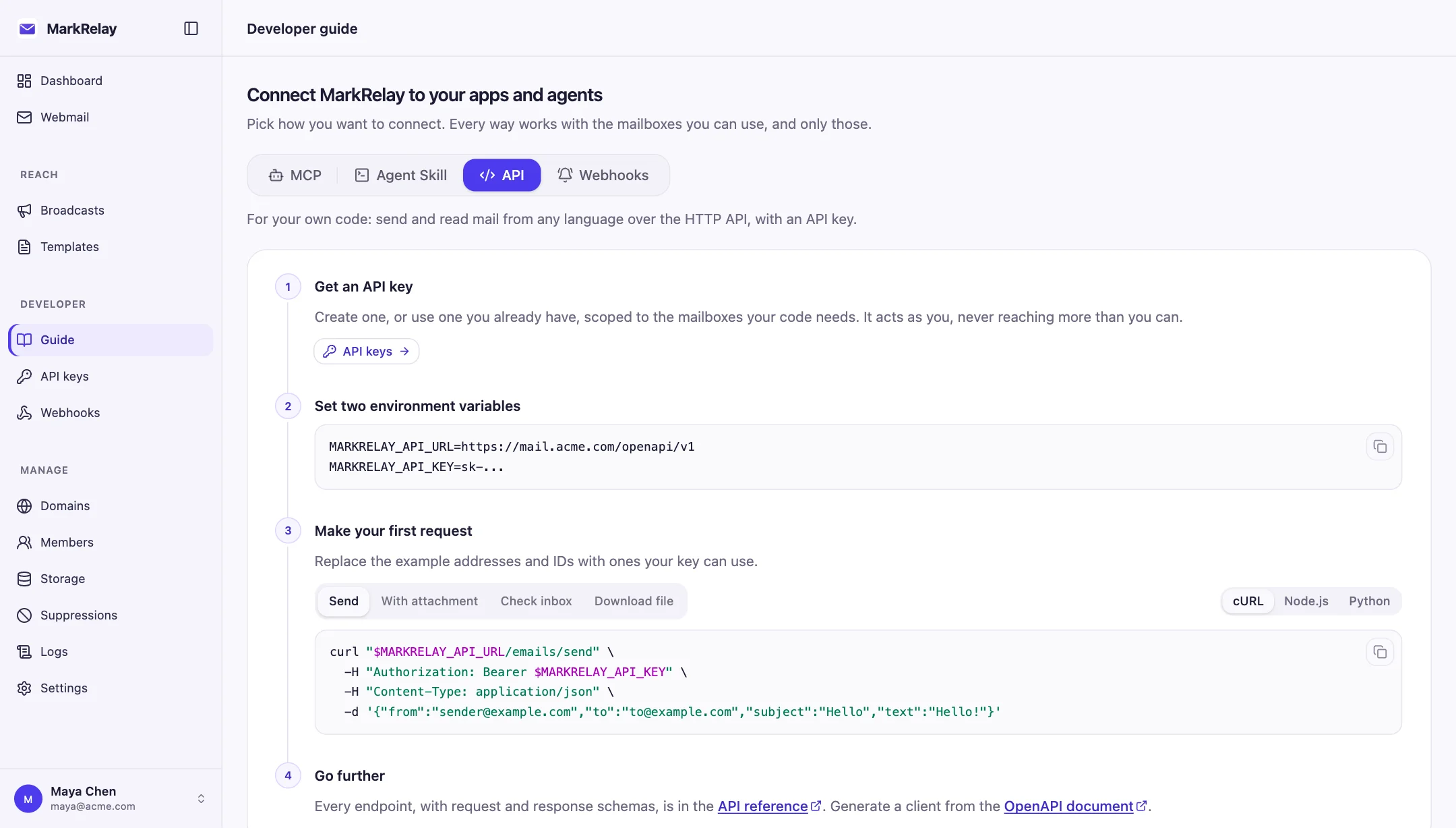 MarkRelay developer guide, API tab: get an API key, set the API URL and key, and make a first request in cURL