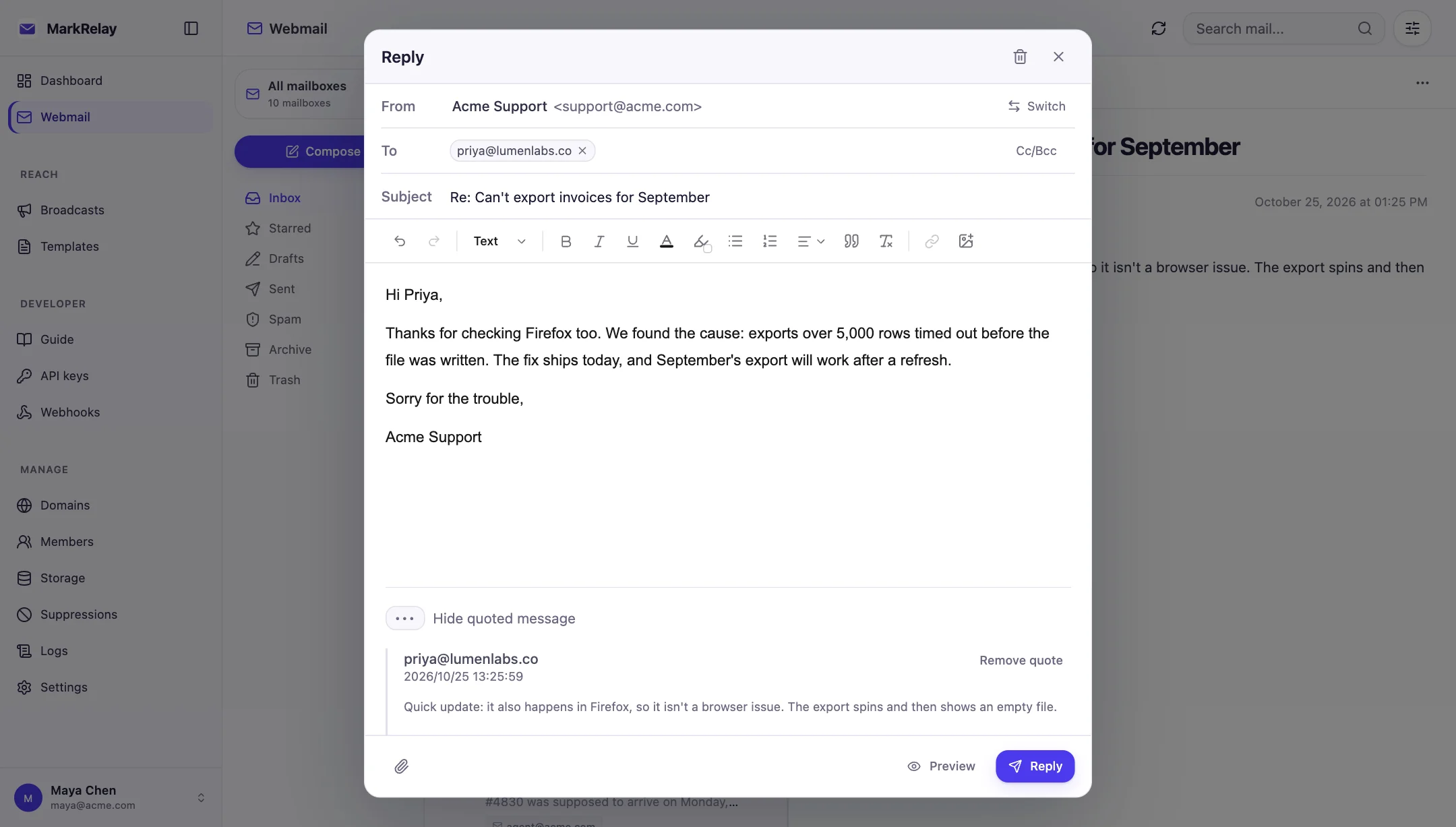 Replying from support@acme.com in MarkRelay webmail with the rich-text editor